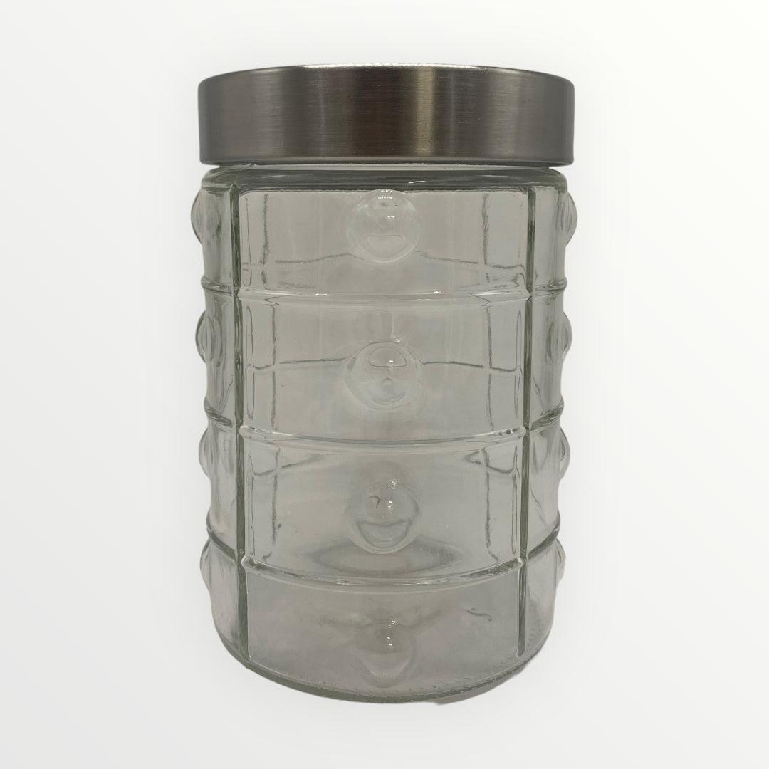 Embossed Glass Container and Plastic Lid with Stainless Steel Finish