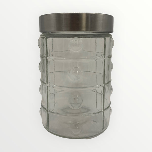 Embossed Glass Container and Plastic Lid with Stainless Steel Finish