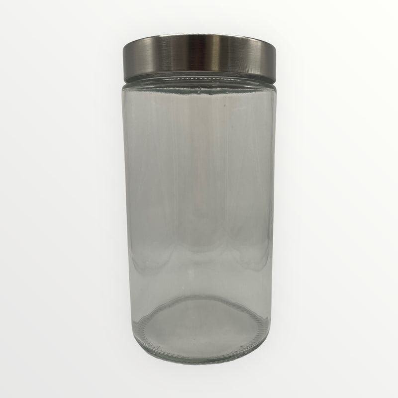 Envase en Cristal Grueso con Tapa Plástica en Acabado Stainless Steel