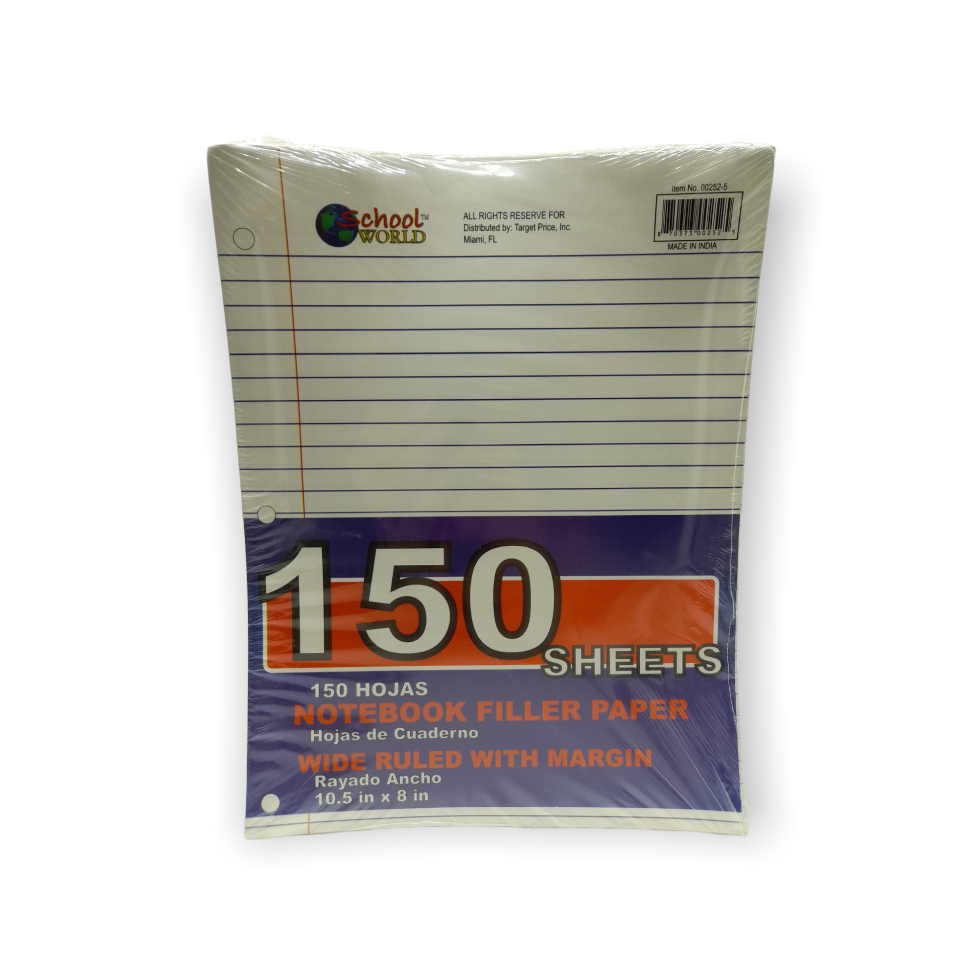 School World- Papel Argolla (Notebook Filler Paper) 10.5in x 8in.