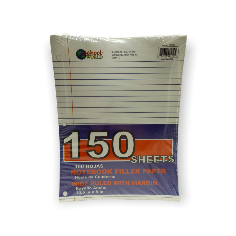 School World- Papel Argolla (Notebook Filler Paper) 10.5in x 8in.