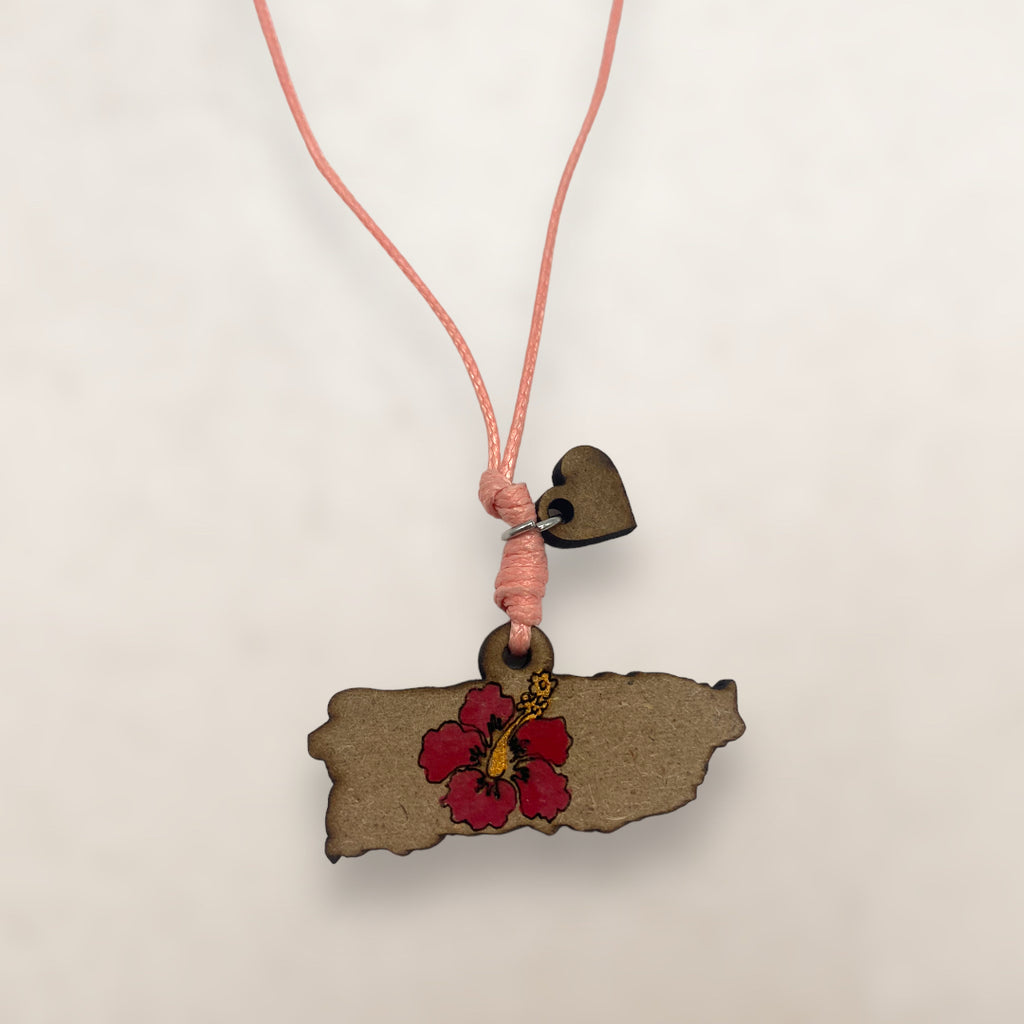 Artesanía en Madera - Collar Mapa de Puerto Rico con Amapola en Centro *One Size*