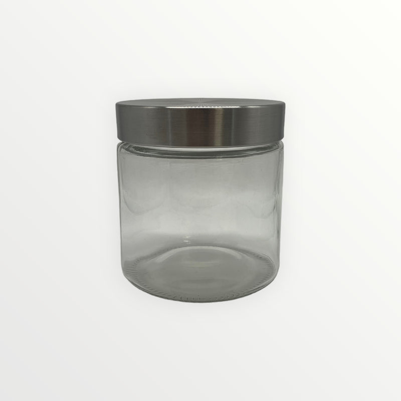 Envase en Cristal Grueso con Tapa Plástica en Acabado Stainless Steel