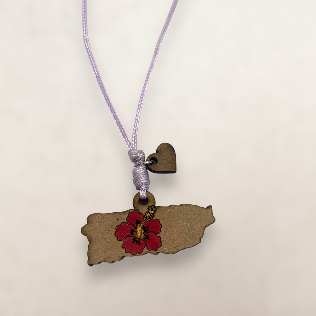Artesanía en Madera - Collar Mapa de Puerto Rico con Amapola en Centro *One Size*