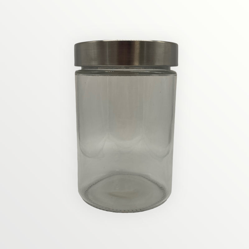 Envase en Cristal Grueso con Tapa Plástica en Acabado Stainless Steel