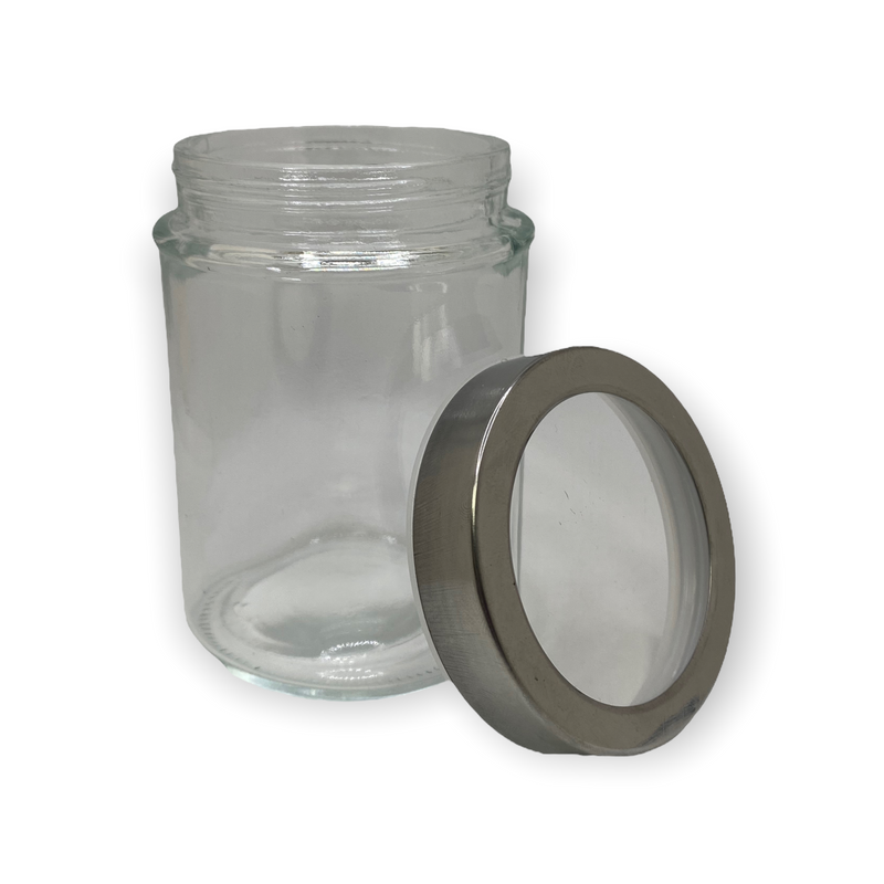 Frasco de Cristal con Tapa Transparente.