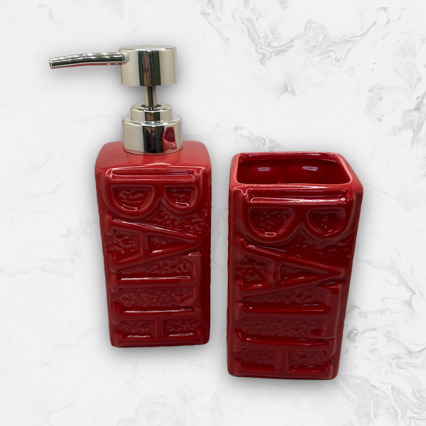 Dispensador y Vaso para Cepillos Dentales en Cerámica - ''BATH'' Rojo.