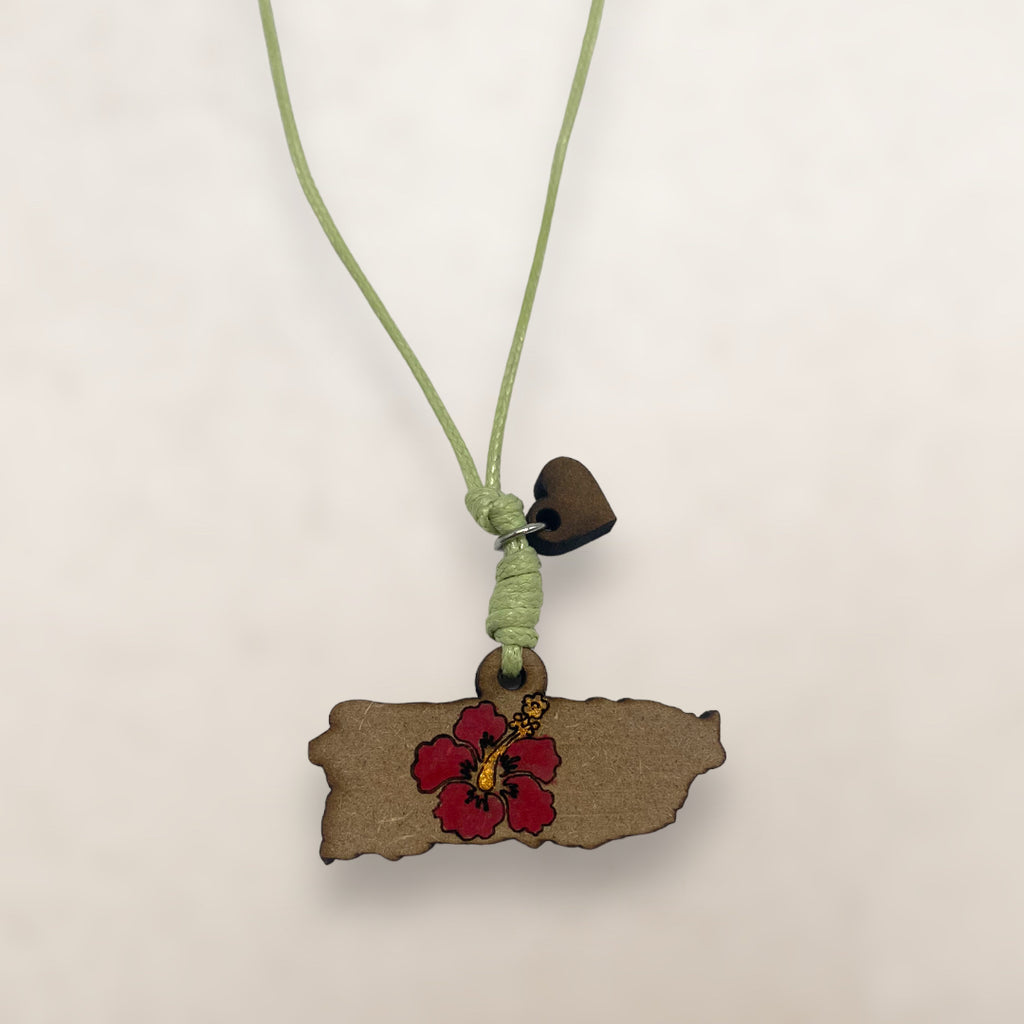 Artesanía en Madera - Collar Mapa de Puerto Rico con Amapola en Centro *One Size*