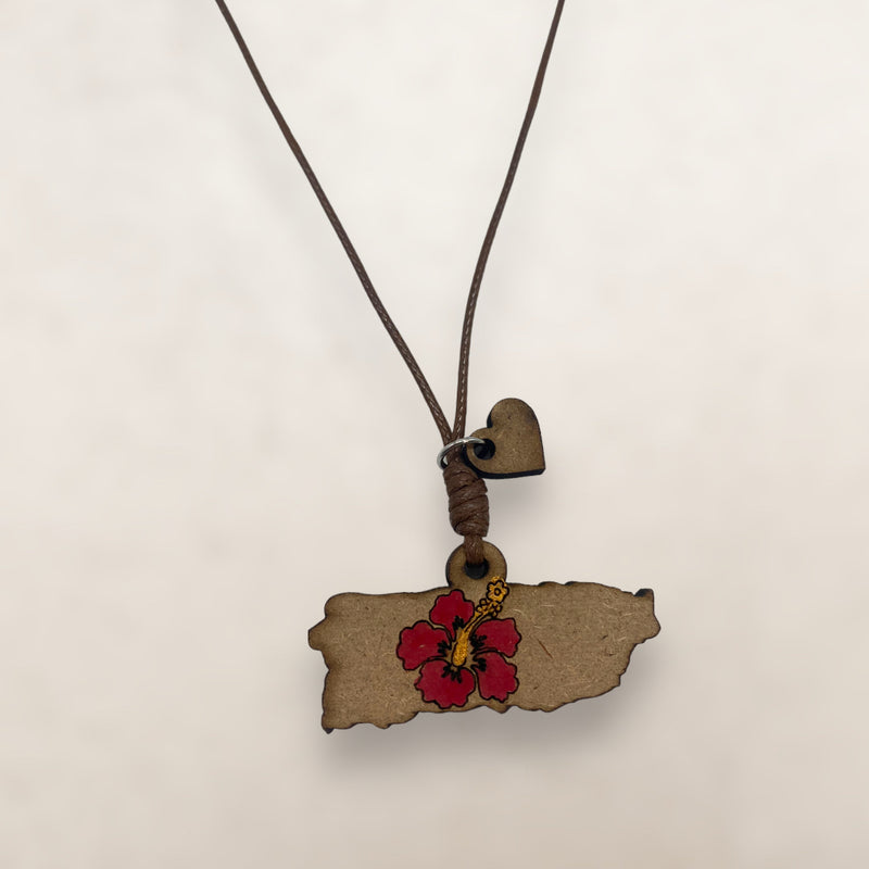 Wood Crafts - Puerto Rico Map Necklace with Poppy in Center *One Size*