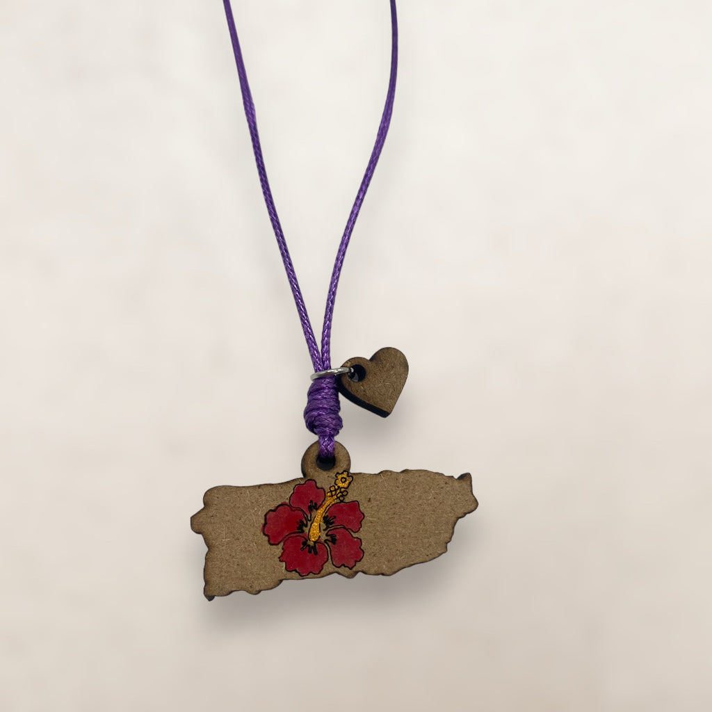 Artesanía en Madera - Collar Mapa de Puerto Rico con Amapola en Centro *One Size*