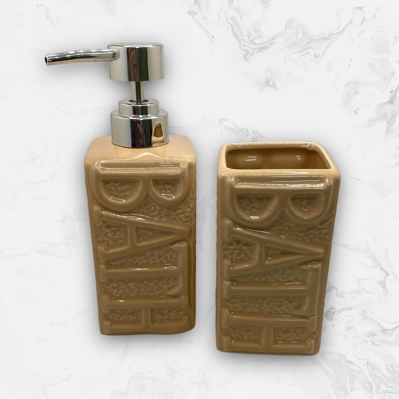 Dispensador y Vaso para Cepillos Dentales en Cerámica - ''BATH'' Crema.