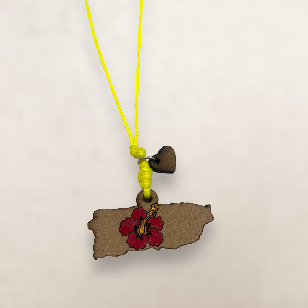Artesanía en Madera - Collar Mapa de Puerto Rico con Amapola en Centro *One Size*