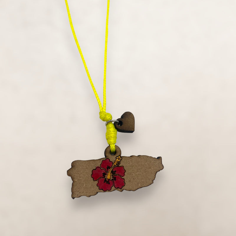 Wood Crafts - Puerto Rico Map Necklace with Poppy in Center *One Size*