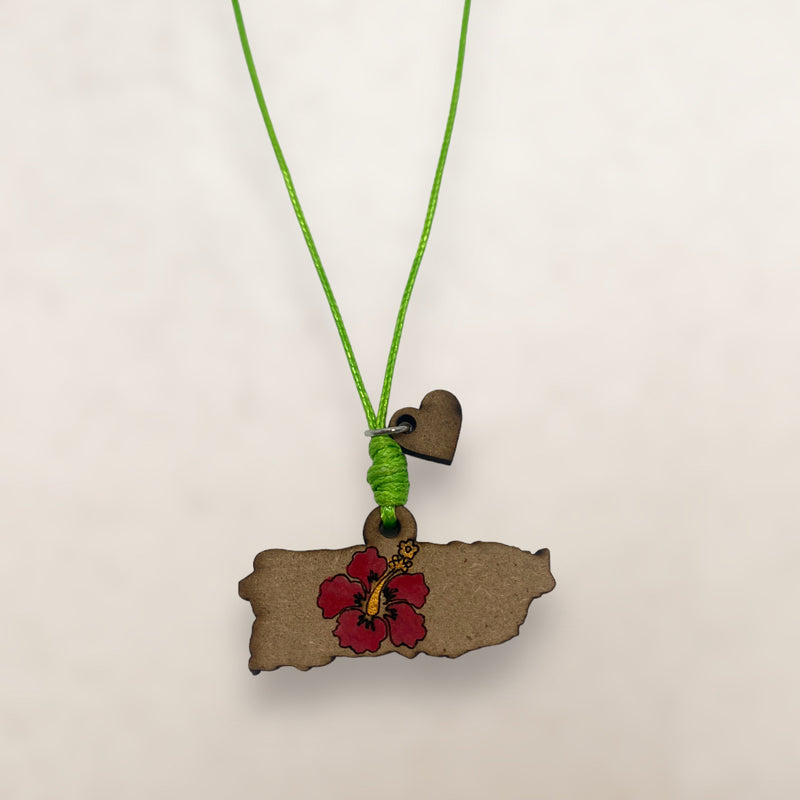 Wood Crafts - Puerto Rico Map Necklace with Poppy in Center *One Size*
