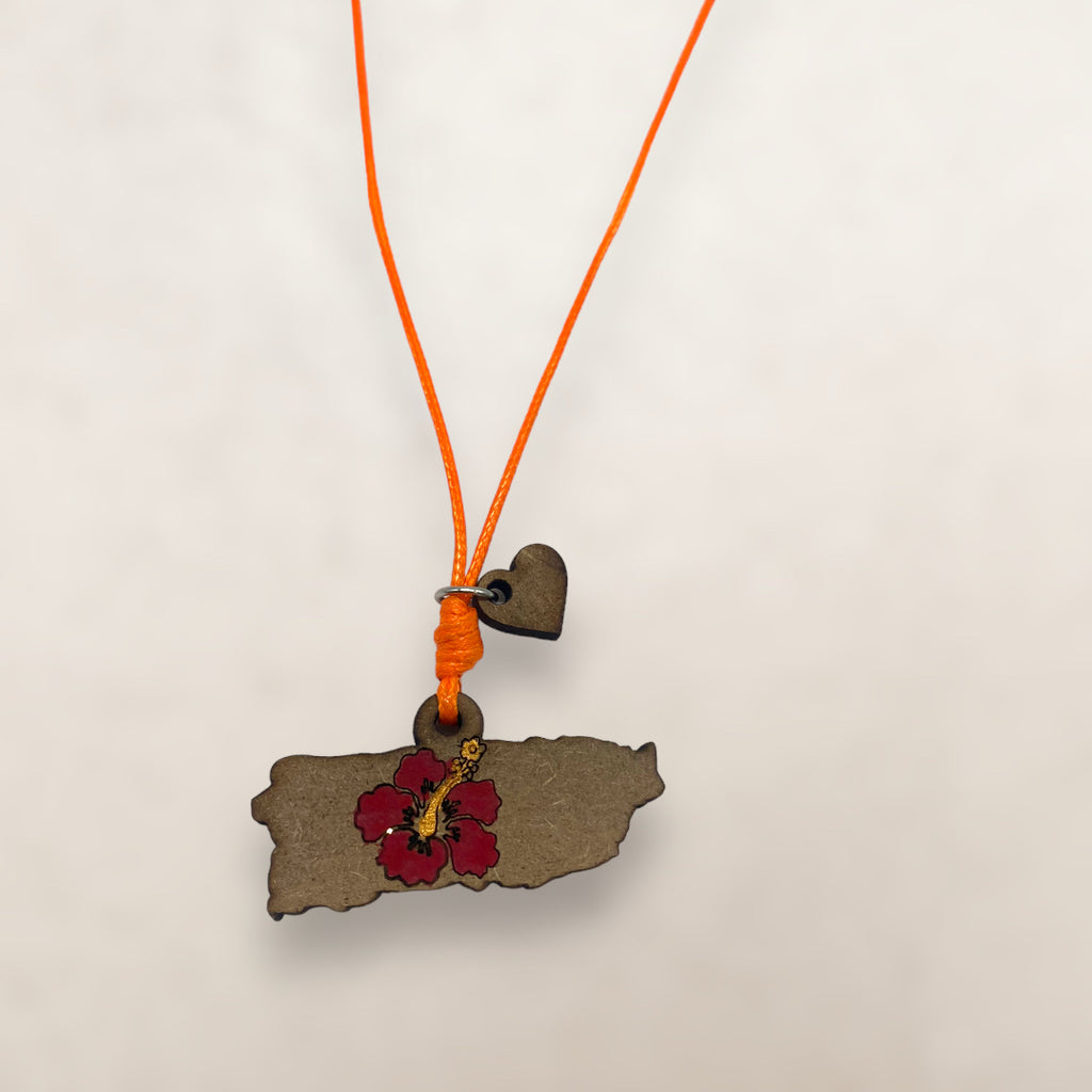 Artesanía en Madera - Collar Mapa de Puerto Rico con Amapola en Centro *One Size*