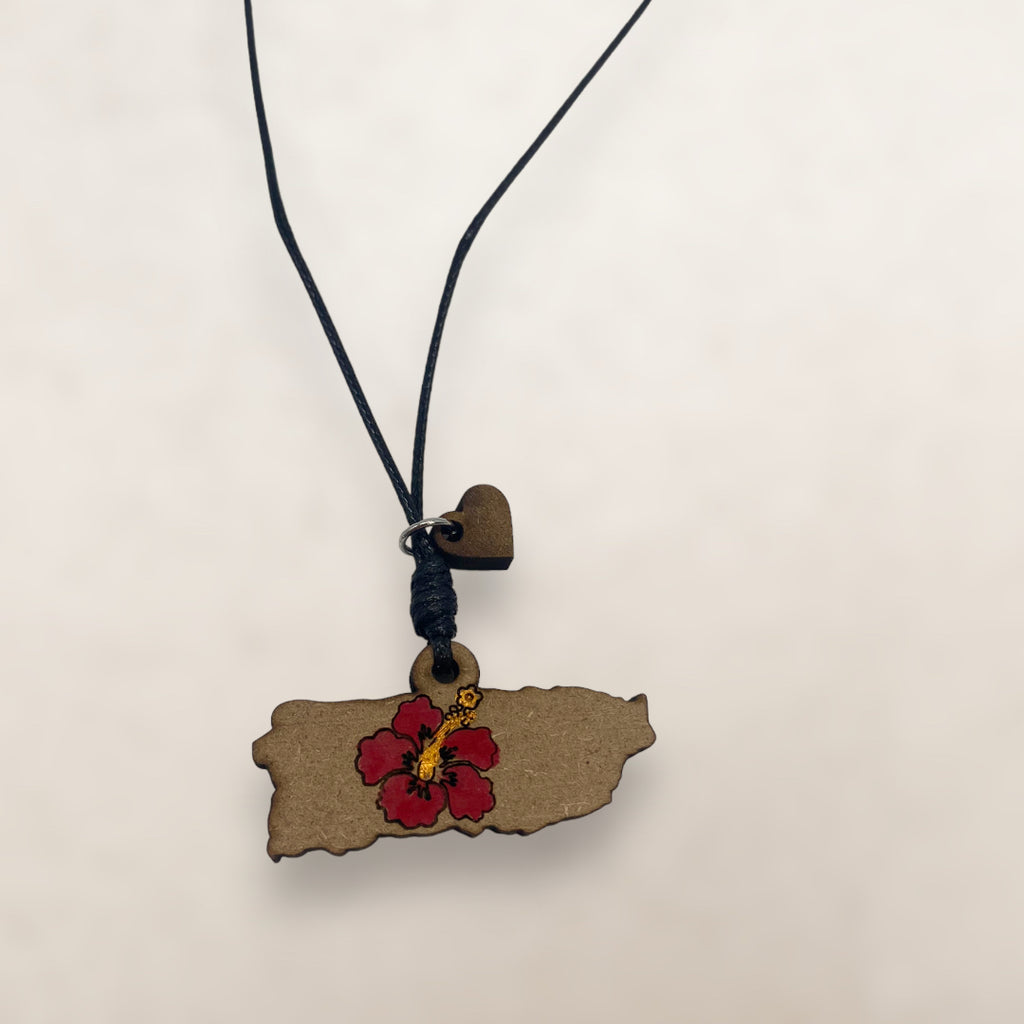 Artesanía en Madera - Collar Mapa de Puerto Rico con Amapola en Centro *One Size*