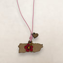 Artesanía en Madera - Collar Mapa de Puerto Rico con Amapola en Centro *One Size*