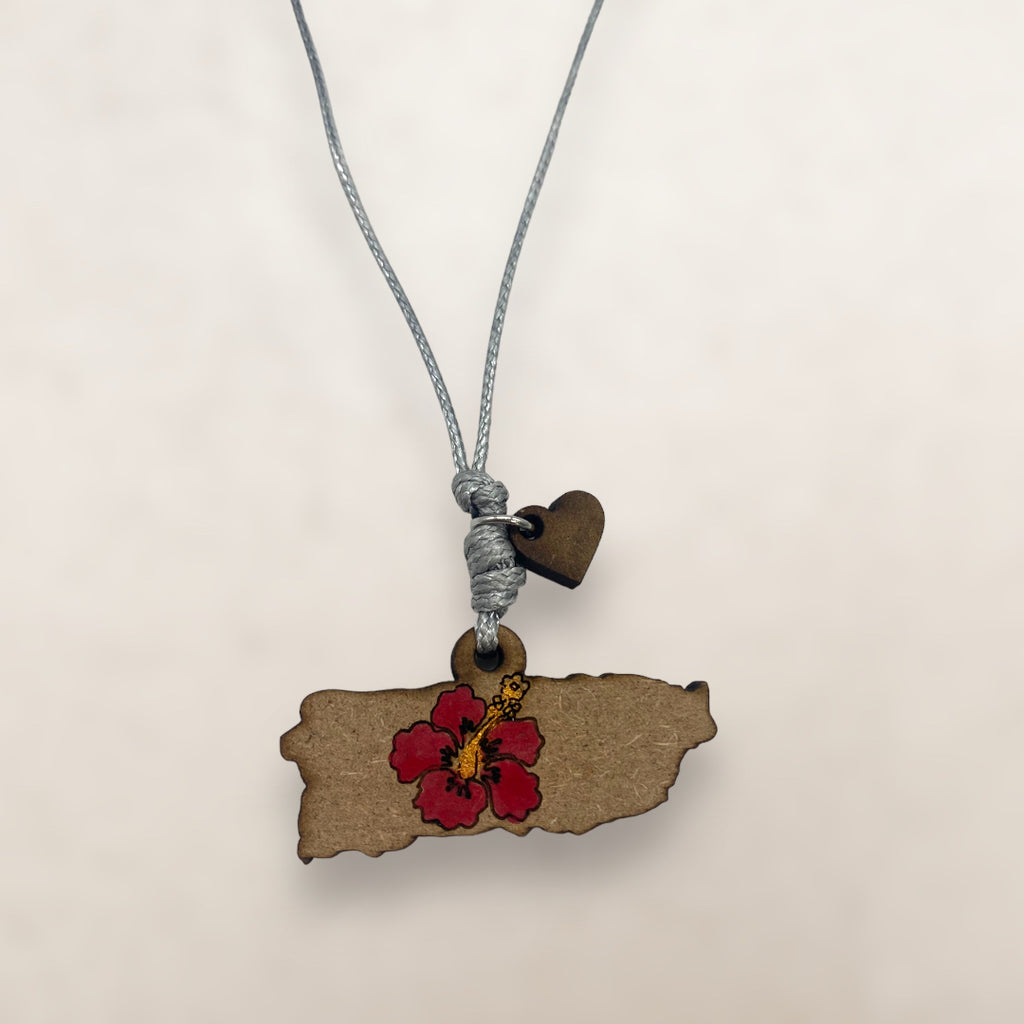 Artesanía en Madera - Collar Mapa de Puerto Rico con Amapola en Centro *One Size*