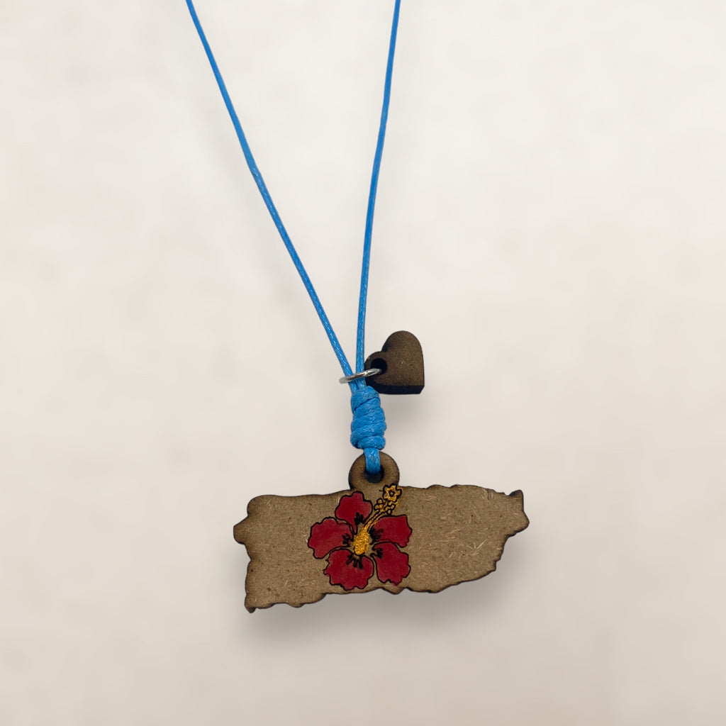 Artesanía en Madera - Collar Mapa de Puerto Rico con Amapola en Centro *One Size*