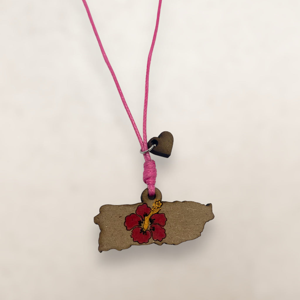 Artesanía en Madera - Collar Mapa de Puerto Rico con Amapola en Centro *One Size*
