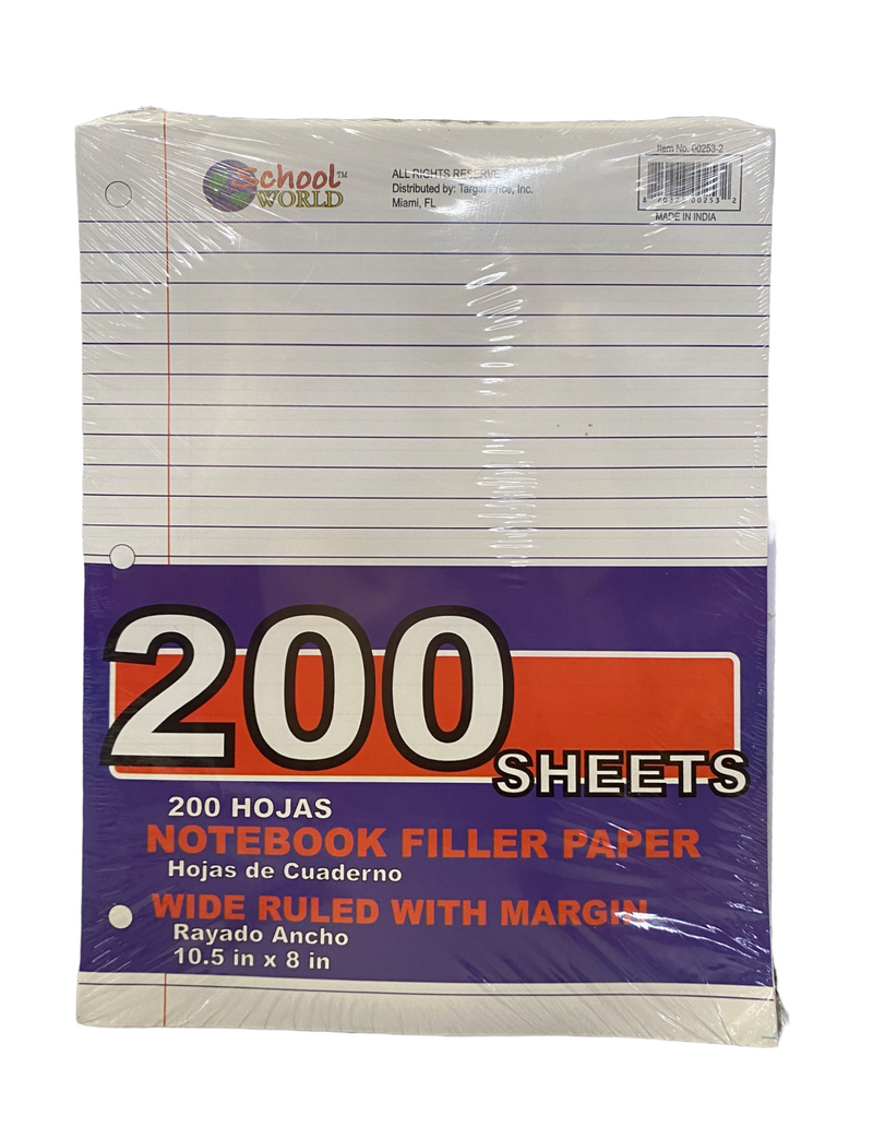 School World- Papel Argolla (Notebook Filler Paper) 10.5in x 8in.