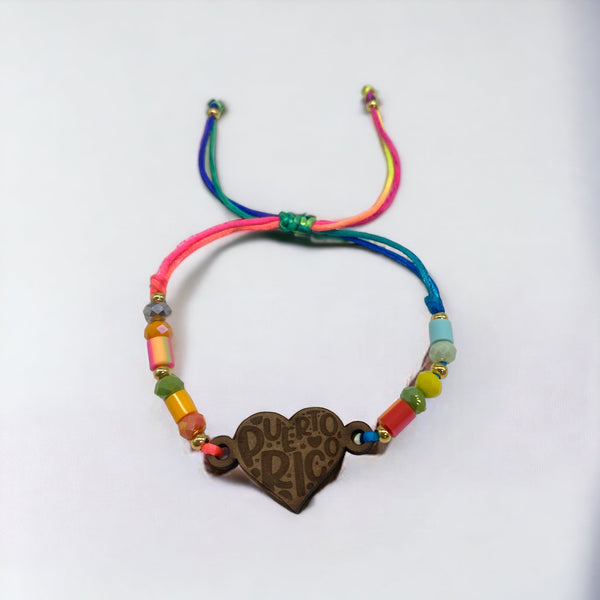 Wood Crafts - Bracelet with Stones and Heart ''Puerto Rico'' *One Size*