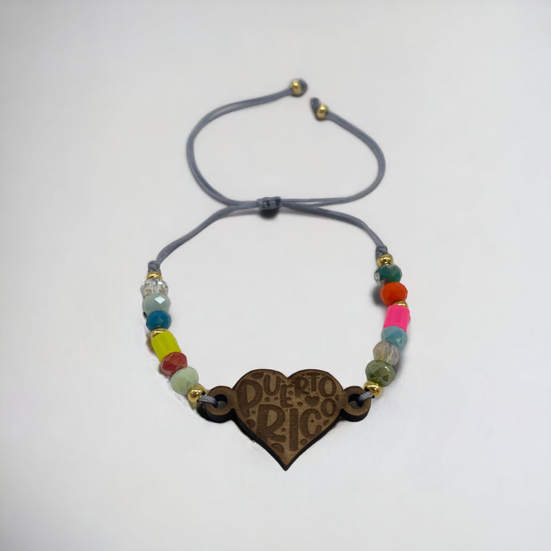 Wood Crafts - Bracelet with Stones and Heart ''Puerto Rico'' *One Size*