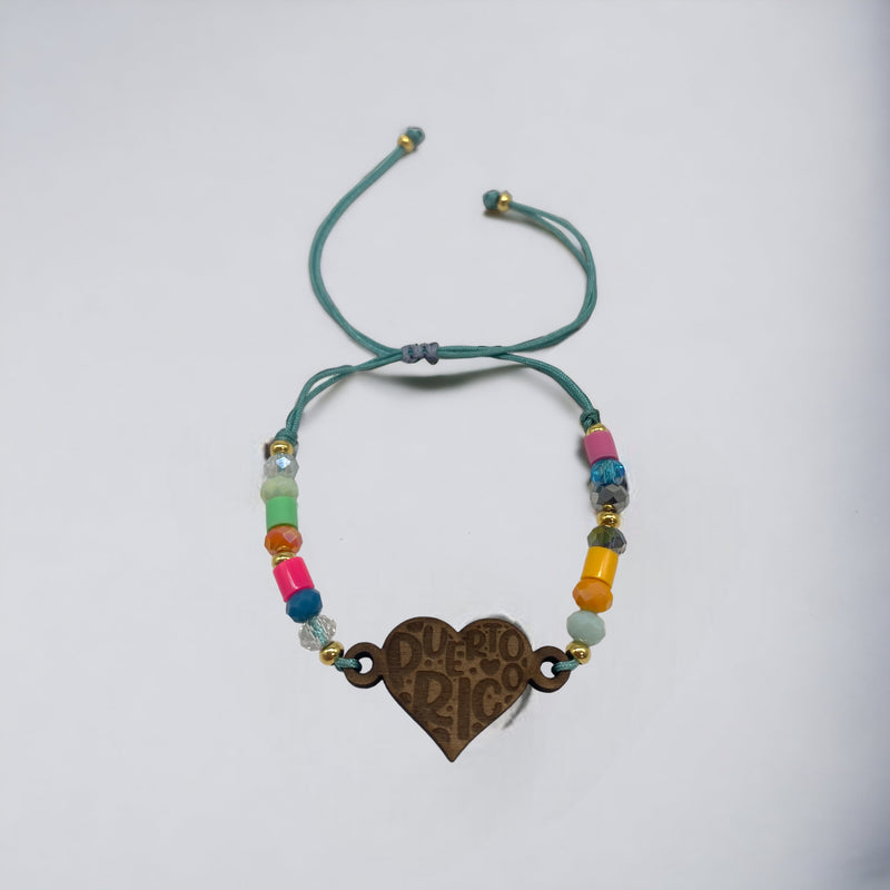 Wood Crafts - Bracelet with Stones and Heart ''Puerto Rico'' *One Size*